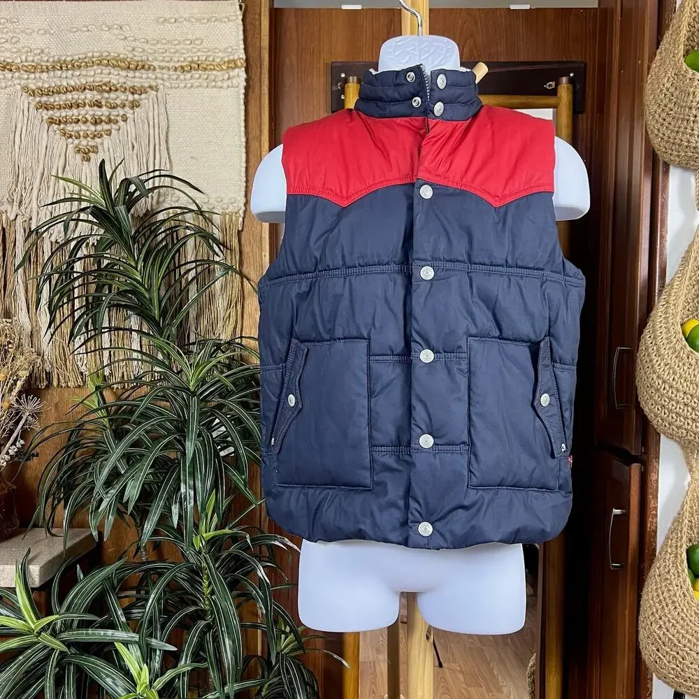 Levis Puffer Vest Youth M Sherpa Collar Logo Back Fits Womens XS Navy Red Warm